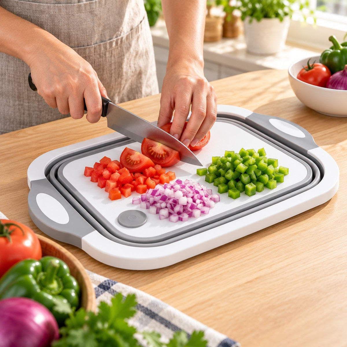 Picando verduras sobre la tabla multifuncional 3 en 1