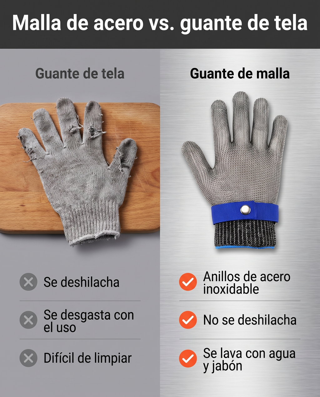 Malla de acero vs guante de tela