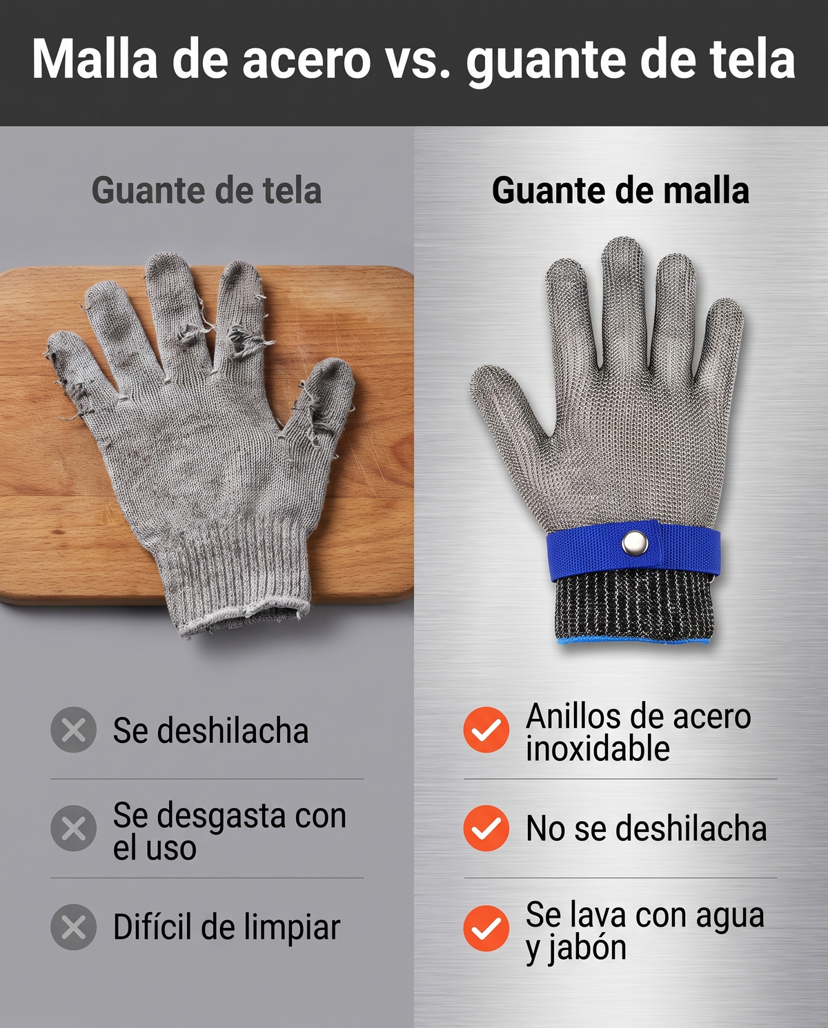Malla de acero vs guante de tela
